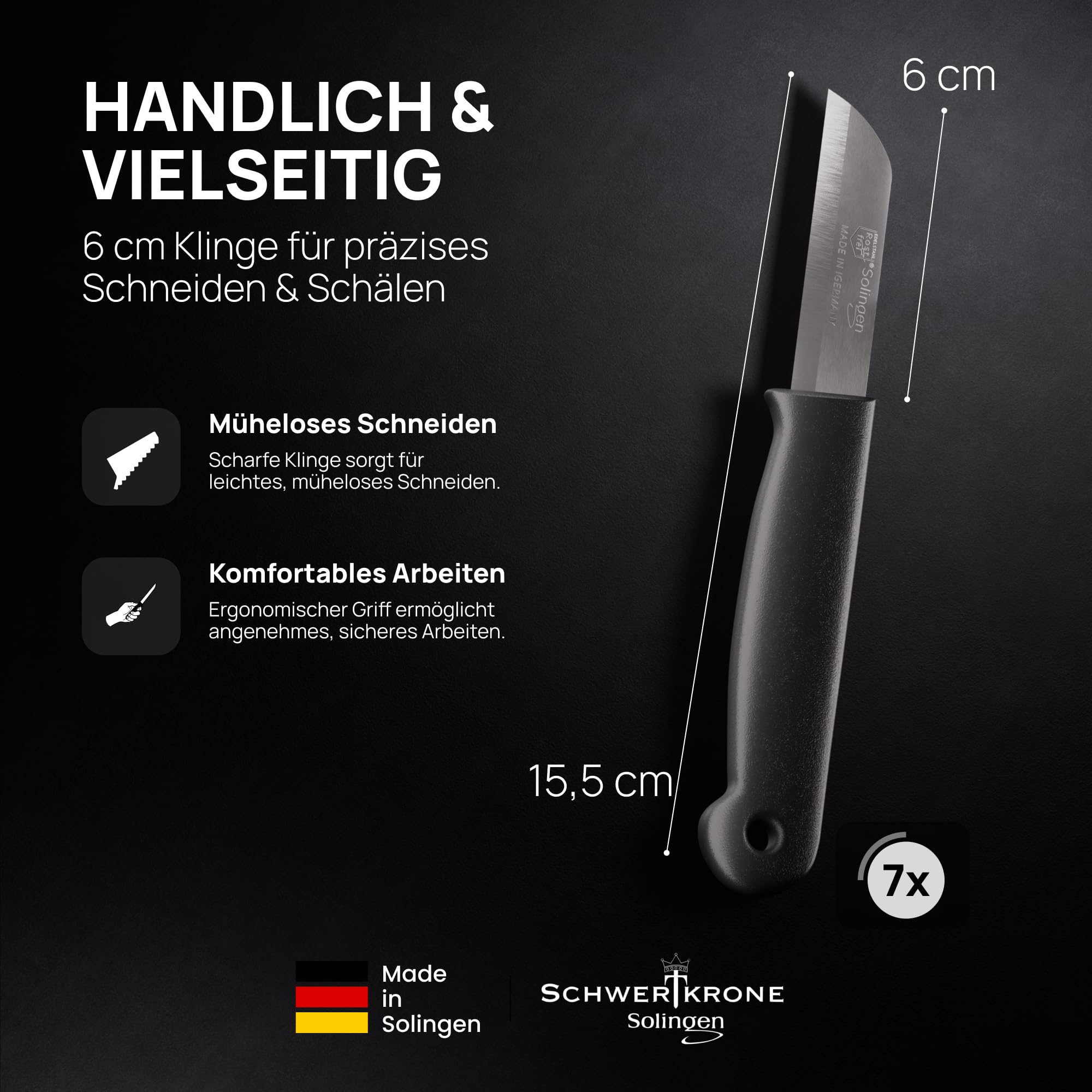 Schwertkrone® Schälmesser 7er Set [MADE IN SOLINGEN - GERMANY] - Gemüsemesser Obstmesser - Küchenmesser klein scharf - Schneidemesser Kartoffelschälmesser - Allzweckmesser (7x bunt - 6cm Klinge) 2