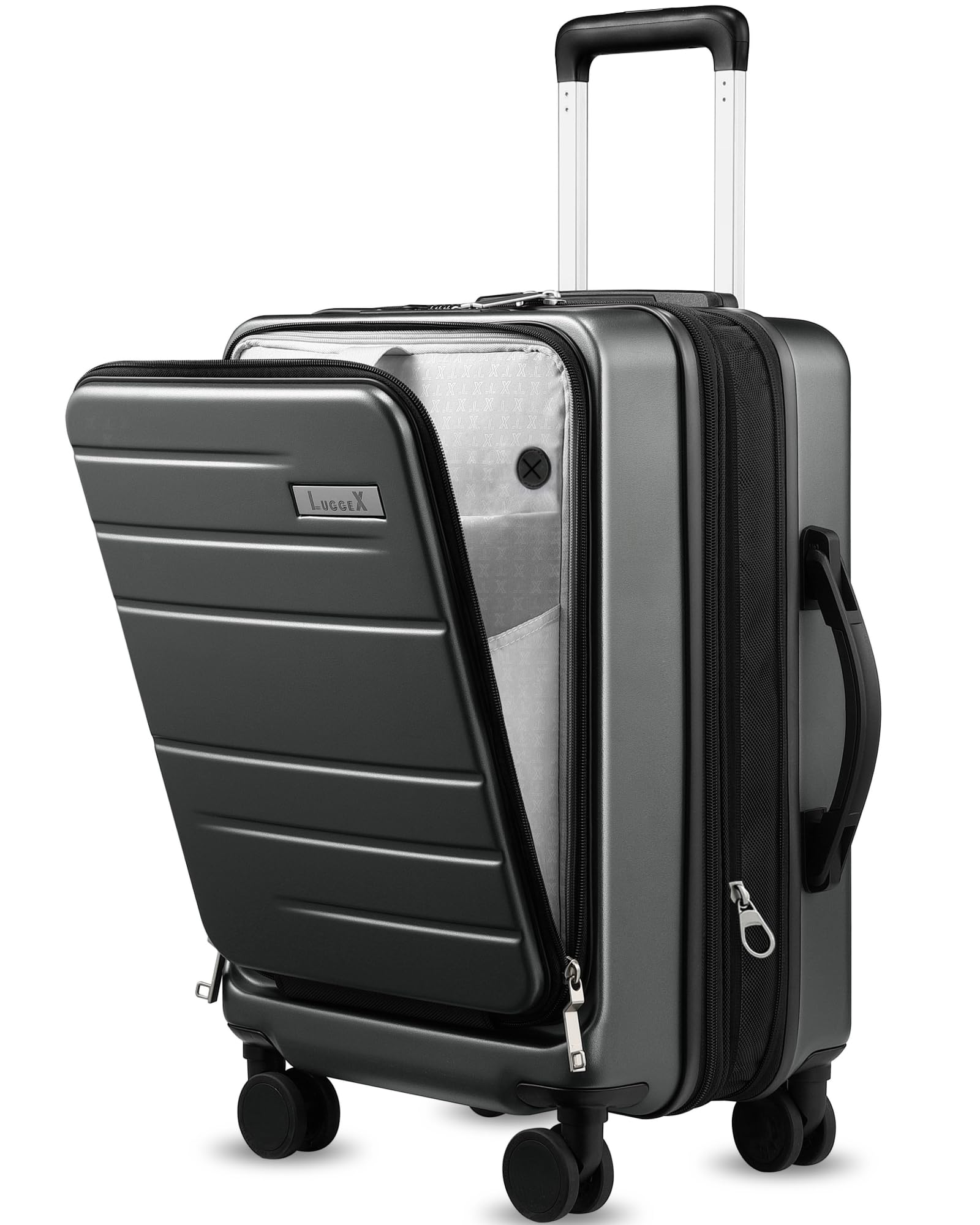 Photo 1 of ***(HEAVILY USED/ MINOR DAMAGE)***LUGGEX Carry On Luggage 22x14x9 Airline Approved, Expandable Polycarbonate Suitcase with Front Pocket (Charcoal Metallic, 20 Inch, 35L)