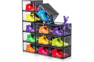 CKHXR 12 Pack Black Shoe Boxes Stackable,Large Shoe Storage Organizer with Magnetic Door,Drop Side Shoe Containers for Entryway,Sneaker Storage Fit up to US Size 12 for Men/Women(13’’x 10.62”x 8.26”