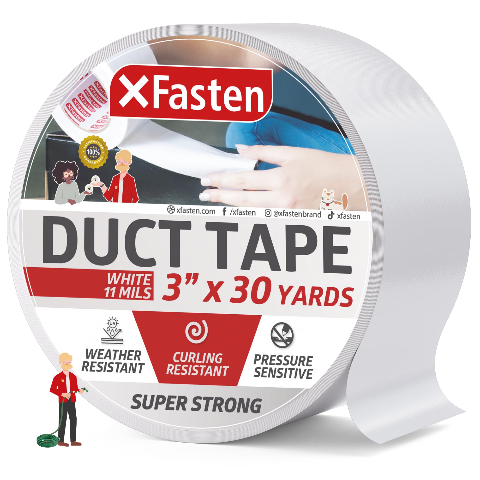 XFasten Super Strong Duct Tape, White, 3" x 30 Yards, Waterproof Duct Tape for Outdoor, Indoor, School and Industrial Use