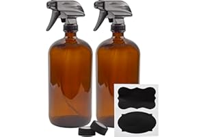 Cornucopia Brands 32oz Amber Glass Spray Bottles (Pack of 2) Brown Bottles w/ 3-Setting Trigger Sprayers; Includes Caps for Storage