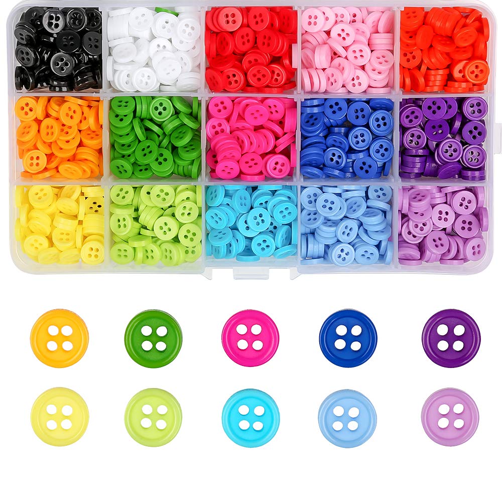 1200PCS Plastic Bottons Colorful Four Eyes Resin Bread Button Shirt Sewing Buttons for DIY Handmade & Crafts & Sewing & Knitting 15Colors 9MM