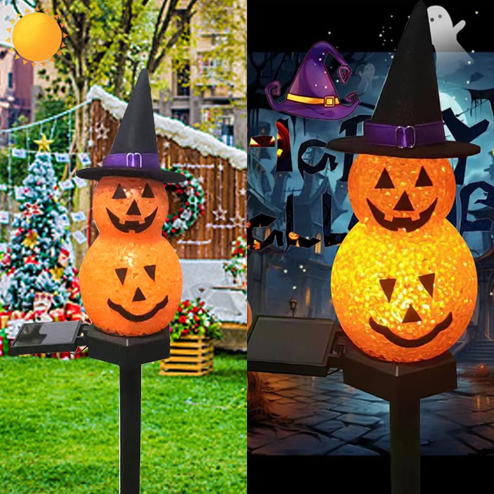 YZYOE LED Solar Powered Sticky Rice Snowman Ground Plug Light, Halloween Outdoor Atmosphere Decoration Light, Cute Black Hat Snowman Courtyard Warm Light.