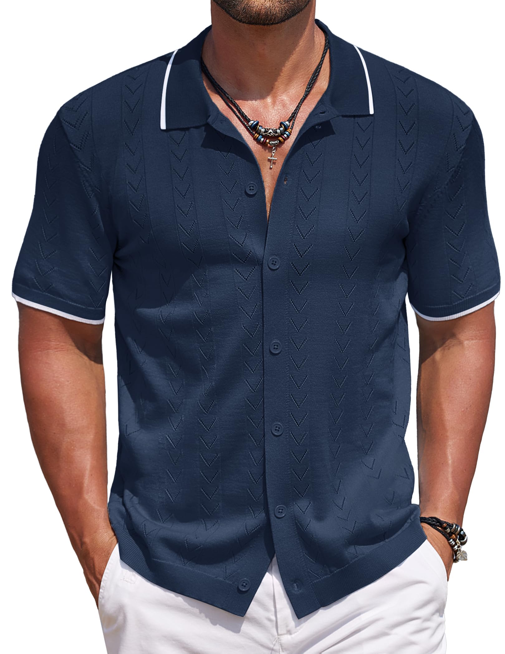 COOFANDY Mens Knit Polo Shirts Vintage Button Up