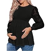 MakeMeChic Women's Maternity Shirts Crew Neck Tops Lace Jacquard Long Sleeve Ruffle Blouse Clothes