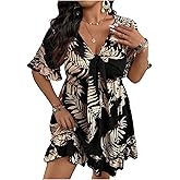Floerns Women's Plus Size Wrap V Neck Short Sleeve Ruffle Hem A Line Short Dress