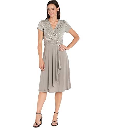 R&M Richards Women's Flowy Cascade Wrap Midi Dress W/Rhinestone Buckle & Short Sleeves Black : Clothing, Shoes & Jewelry