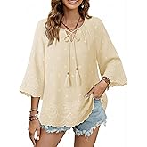 Furnex Womens Summer Boho Tops Casual 3/4 Sleeve V Neck Flowy Vacation Embroidered Blouses 2026