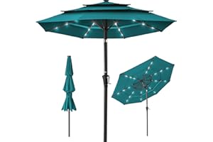 Best Choice Products 10ft 3-Tier Solar Patio Umbrella, Outdoor Market Sun Shade for Backyard, Deck, Poolside w/ 24 LED Lights, Tilt Adjustment, Easy Crank, 8 Ribs