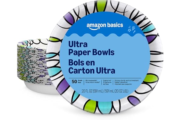 Amazon Basics Ultra Disposable Paper Bowls, 20 Oz, Microwave Safe, Soak Proof, Strong & Sturdy, White, 50 Count, Packaging May Vary