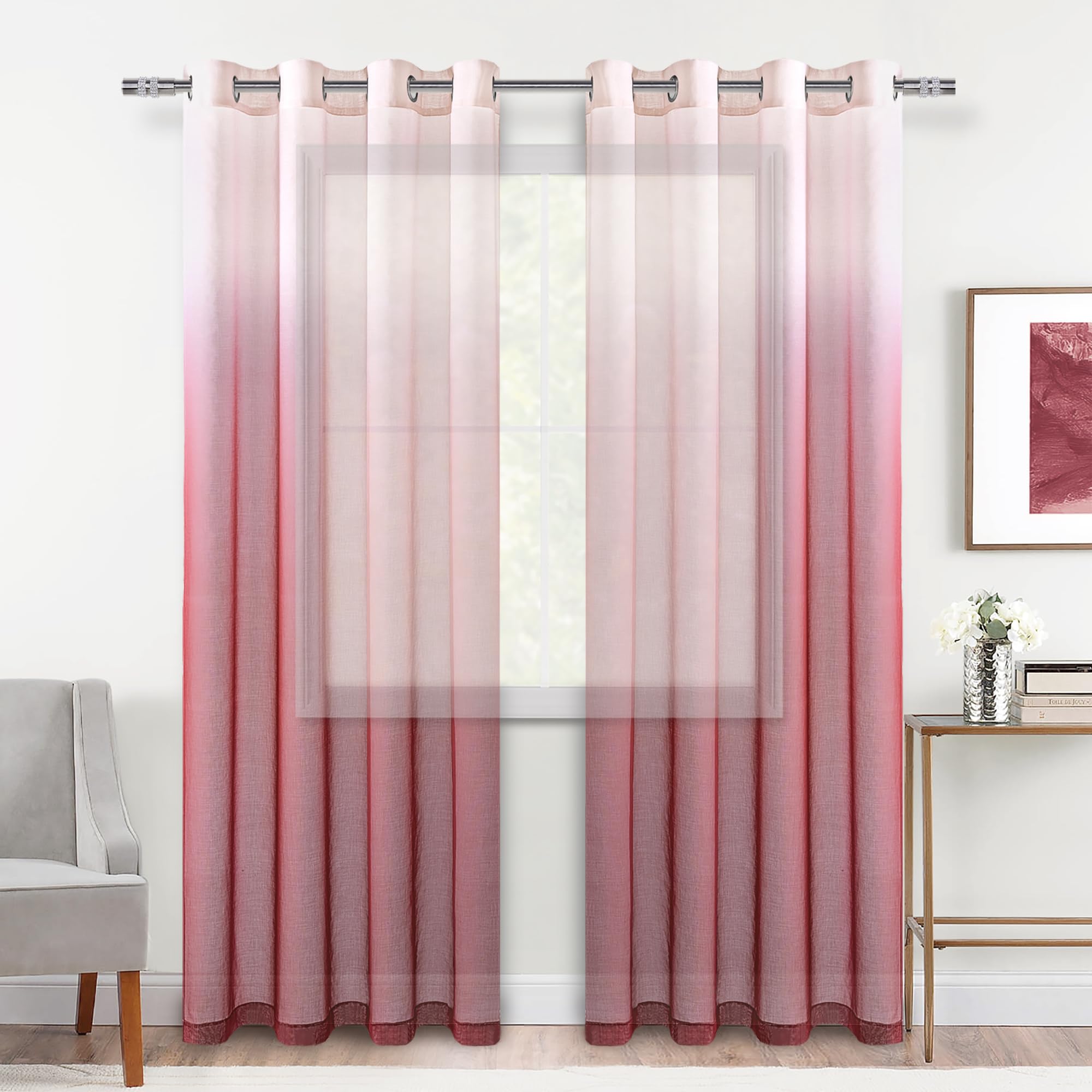 DWCN Ombre Sheer Curtains - Faux Linen Gradient Grommet Top Semi Voile Drapes for Bedroom and Living Room, Set of 2 Window Curtain Panels, 52 x 96 Inches Long, Burgundy