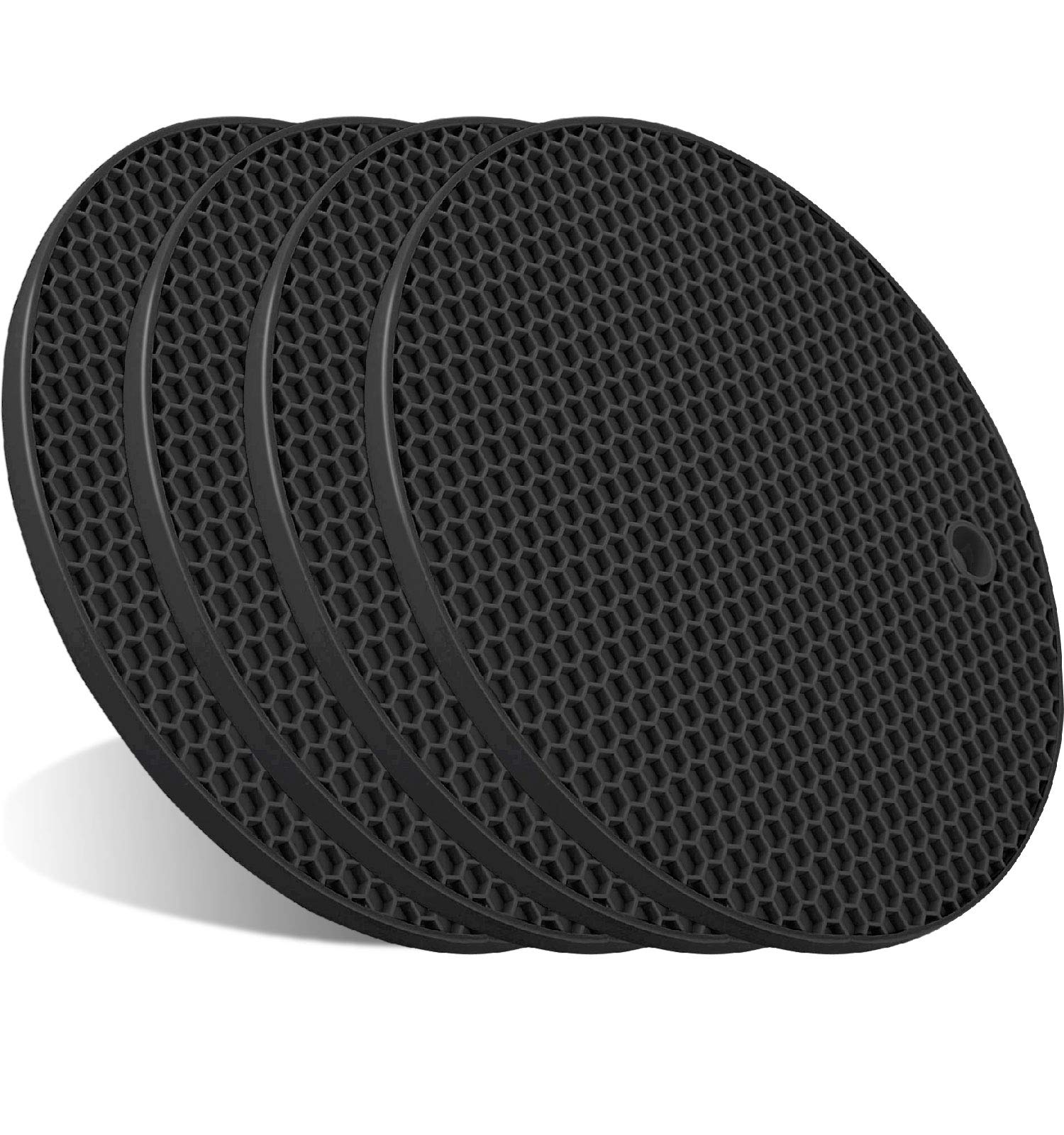 4 Pcs Trivets for Hot Pots and Pans, Kitchen Heat Resistant Silicone Trivet, Extra Thick, Large, Non Slip (Black)