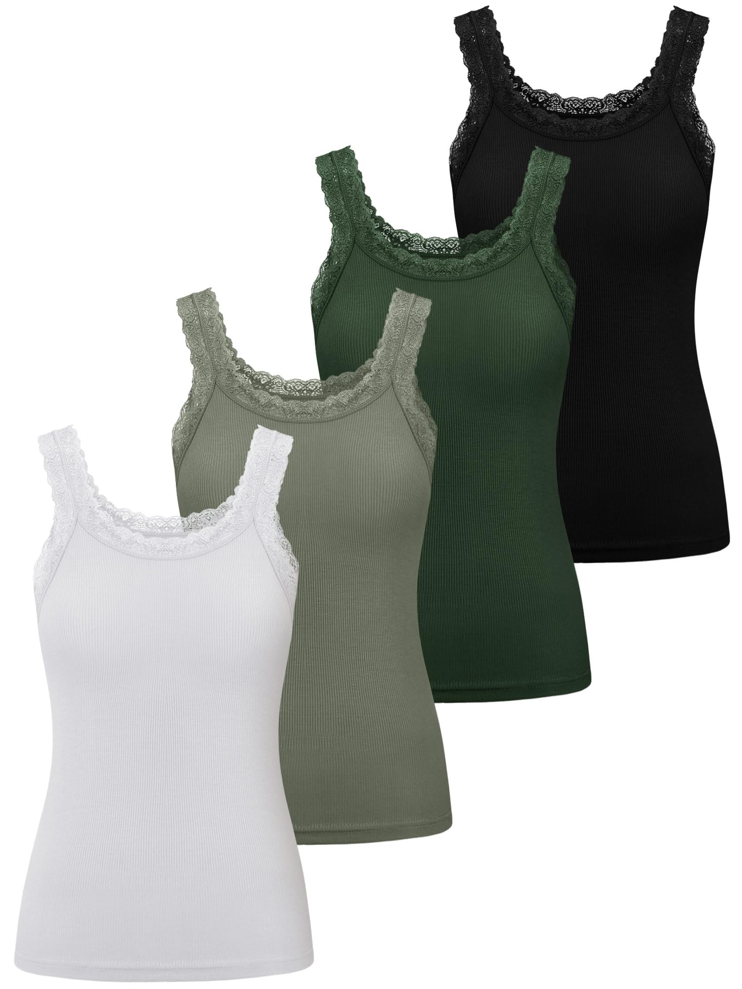 Photo 1 of Lasnten 4 Pieces Lace Camisole Tank Tops for Women Ribbed Cami Top Lacework Undershirt Patchwork Tank Lace Trim Cami(Large,Black,White,Dark Green,Olive Green)