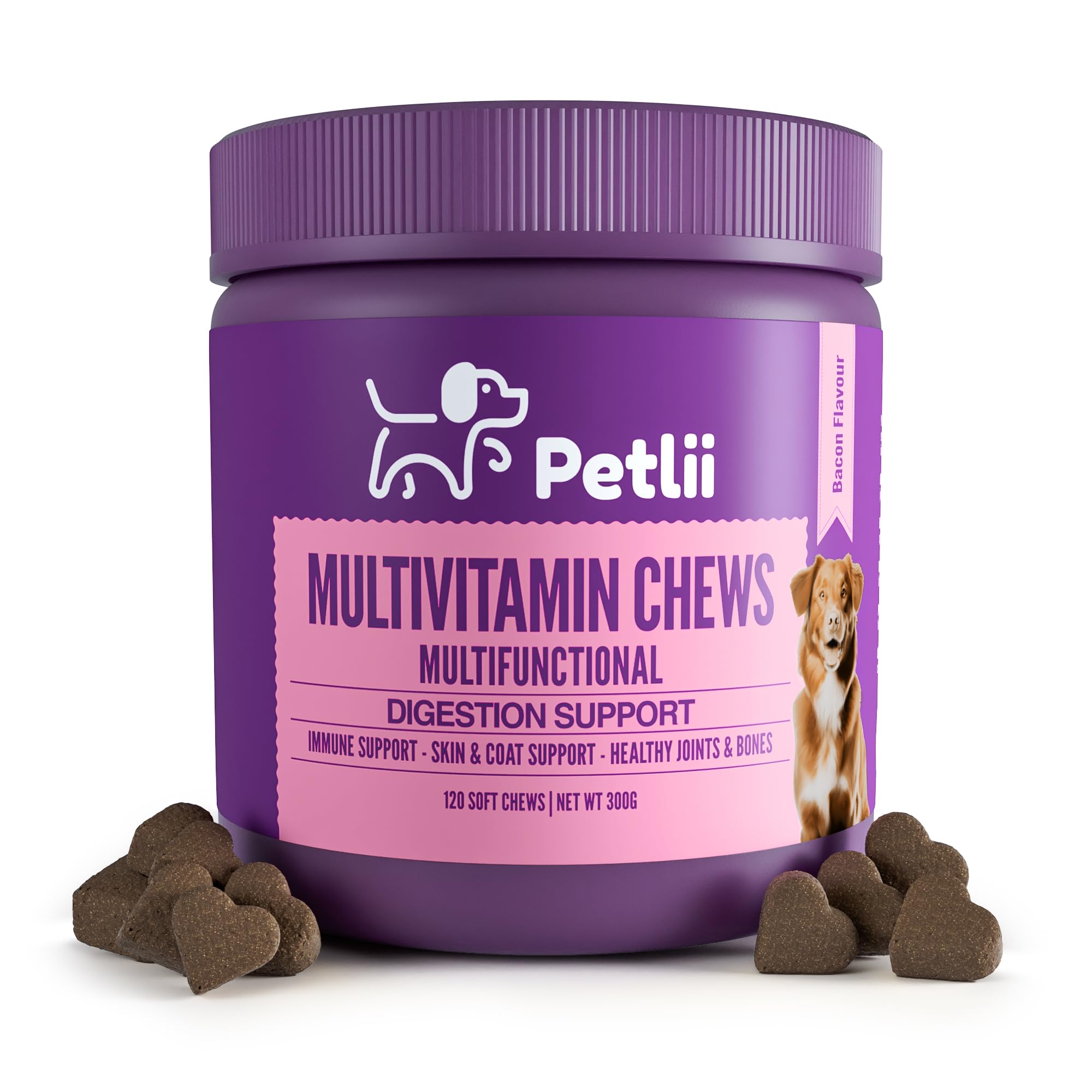 Petlii Multivitamin Chews - 120 Bacon Dog Chews | Vitamins, Omegas and Probiotics | Healthy Joints and Gut, Prevent Itching and Improve Vitality