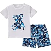 OCMKIC-PZ Boys Clothes 2 Piece Outfits Bear Print Tee and Shorts Outfit Set Teen Boys Summer Clothing Sets Size 7-14 Years
