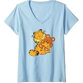Women's Garfield Hugging Pooky Cartoon Cat V-Neck T-Shirt