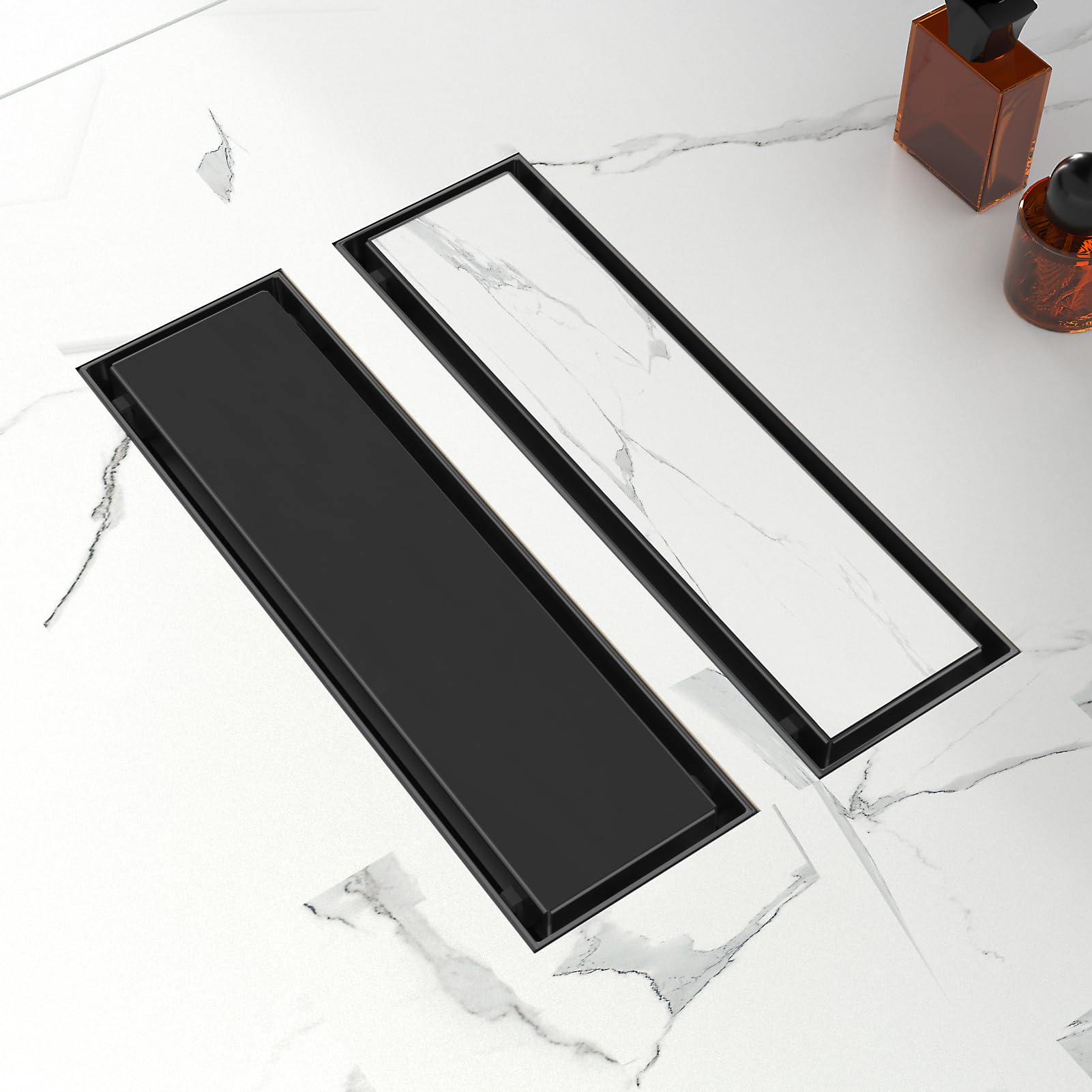 Photo 1 of 12-Inch Linear Shower Drain with Tile Insert Grate, SUS 304 Stainless Steel Linear Drain, Matte Black Long Rectangle Shower Floor Drain with Leveling Feet, Hair Strainer, Fits Bathroom