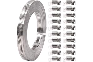 GLARKS 21Pcs 33 Feet Long Worm Gear Hose Clamp with 20 Fasteners, 304 Stainless Steel, Silver, Adjustable Pipe Clamps for Duc