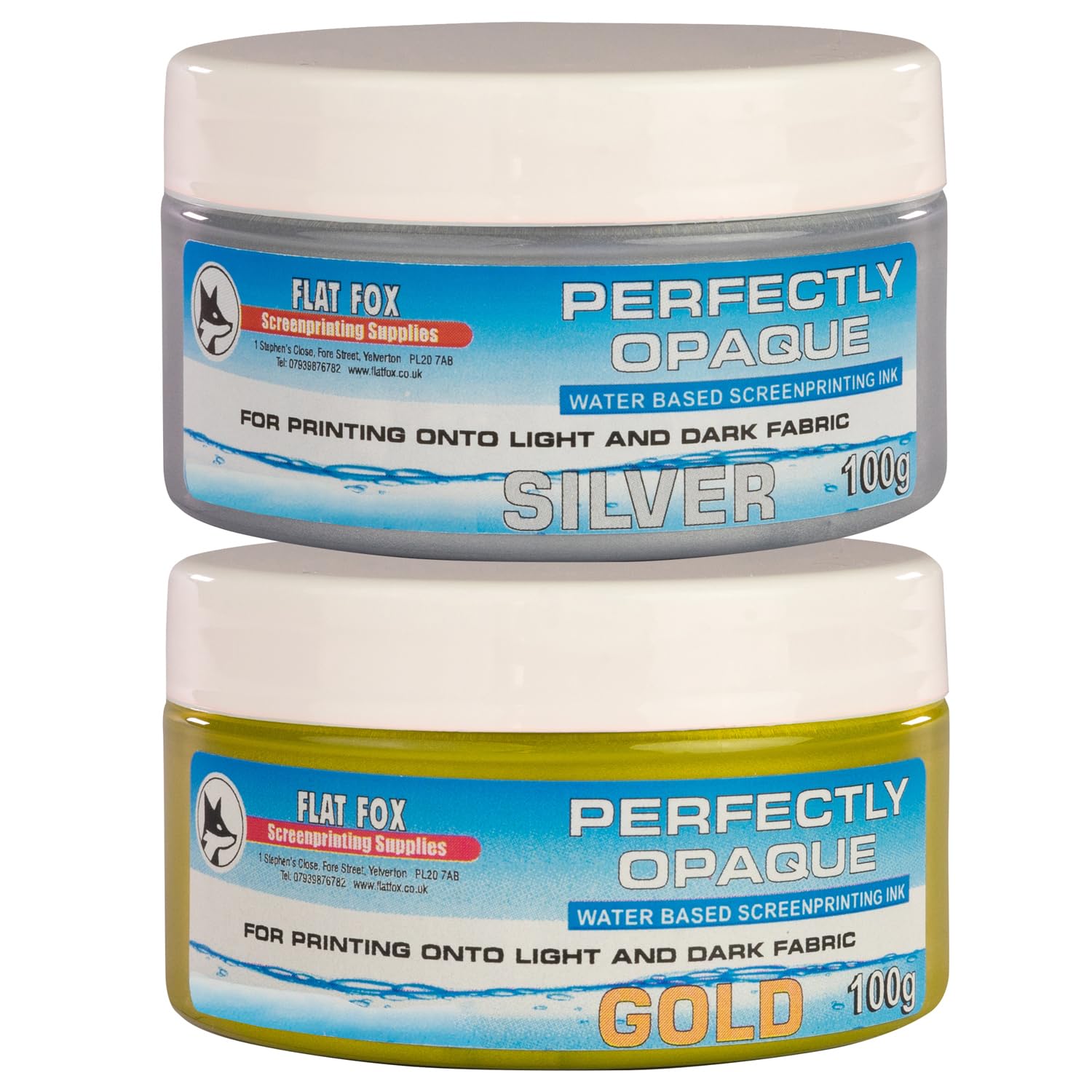 Flat Fox Screen Printing Opaque Water Based Fabric Inks (Gold & Silver Set, 100g)… — image 1