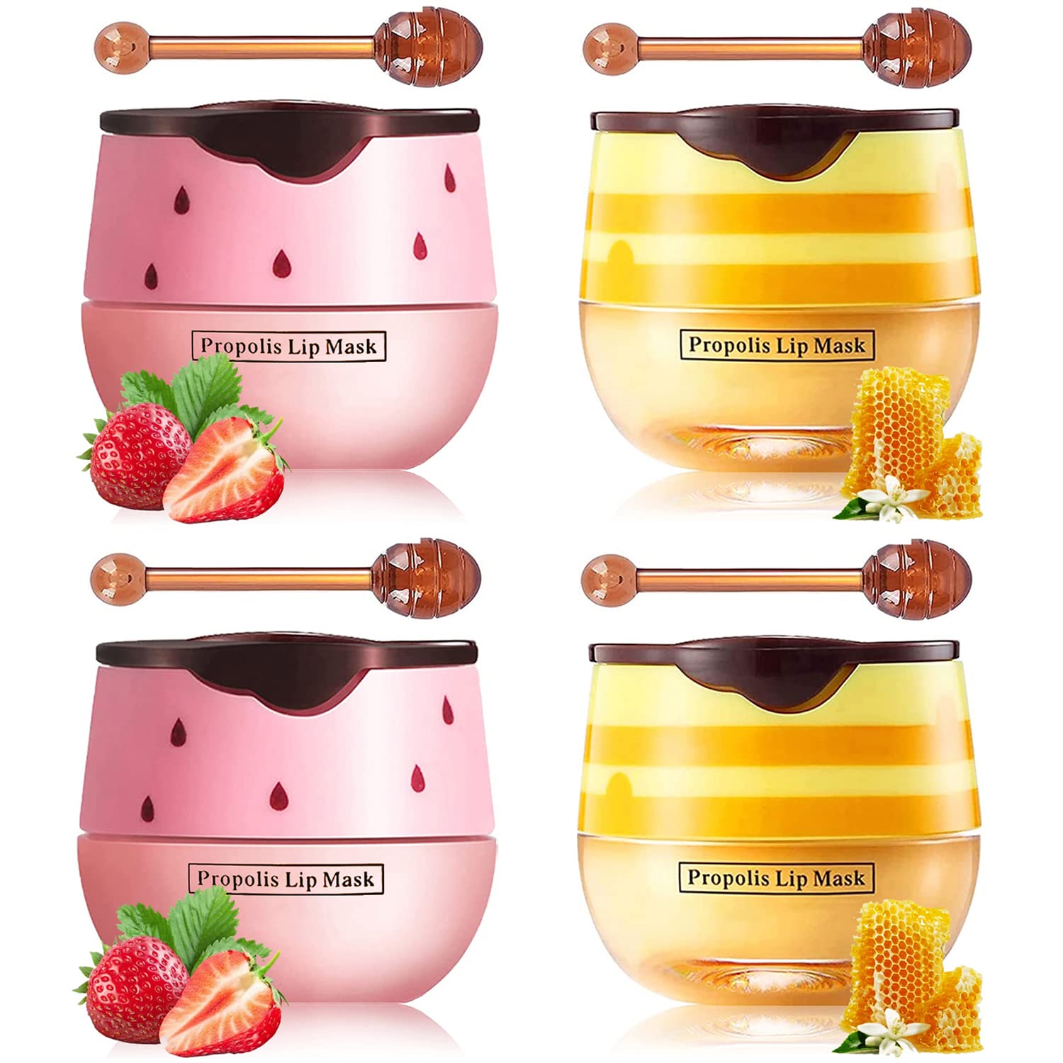 Honey Lip Balm Pot, Propolis Lip Mask, Strawberry Hydrating Propolis Lip Sleeping Mask, Prevent Dry&Cracked, Lip Repair Nourishes the Lip Skin (2pcs Honey & 2pcs Strawberry)