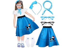AOTHSO 6 Pieces 1950s Girls Poodle Skirt 50s Costume Accessory, Headband Glasses Scarf Socks Outfit Halloween Costume