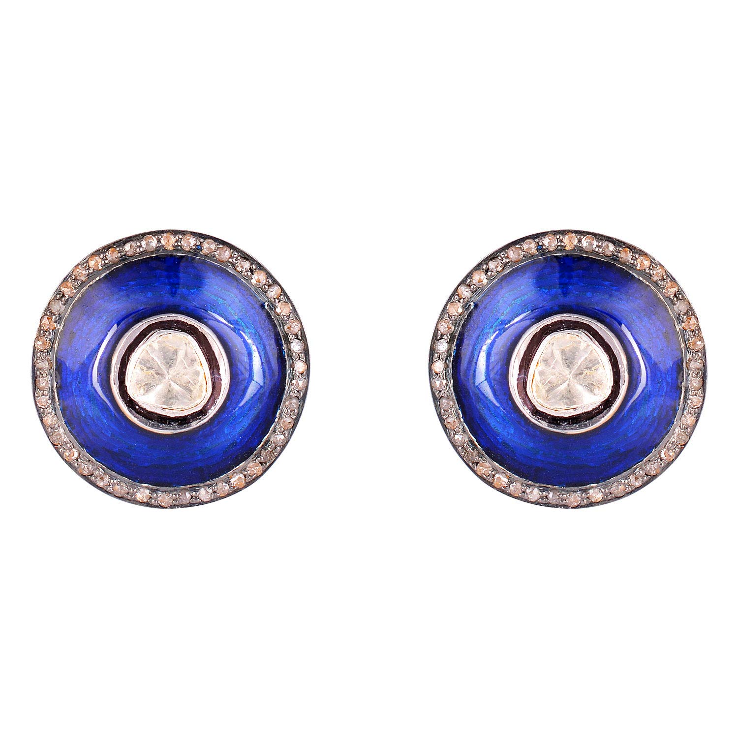925 Sterling Silver Blue Enamel Earrings 1.00 Ct Polki & Brown Diamonds (I2-I3 Clarity) For Women