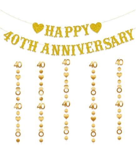 DPKOW 40 Anni di Matrimonio Bandierine per Nozze d'Rubino Decorazioni, 16pcs Nozze d'Rubino Triangolari Striscione Ghirlande per 40 Anni di Matrimonio Decorazioni Appendere per Dentro Fuori