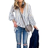 ZXZY Women Long Sleeve V Neck Hollow Out Floral Print Shirt Tops Long Blouse Tee