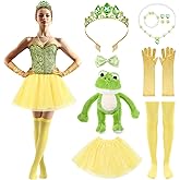 Yearntown 9 Pcs Halloween Princess Costume Set Adult Women Frog Tulle Skirt Gems Leaf Tiara Necklace Earring Gloves Stockings