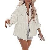 Ashuai Womens Corduroy Peplum Shacket Jacket Long Sleeve Button Down Babydoll Shirts Oversized Casual Blouses Tops