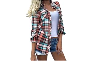 LEHOZIHEQ Plaid Shirts for Women Flannel Shacket Jacket Long Sleeve Lapel Button Down Shirts Coats Blouse Tops with Pocket