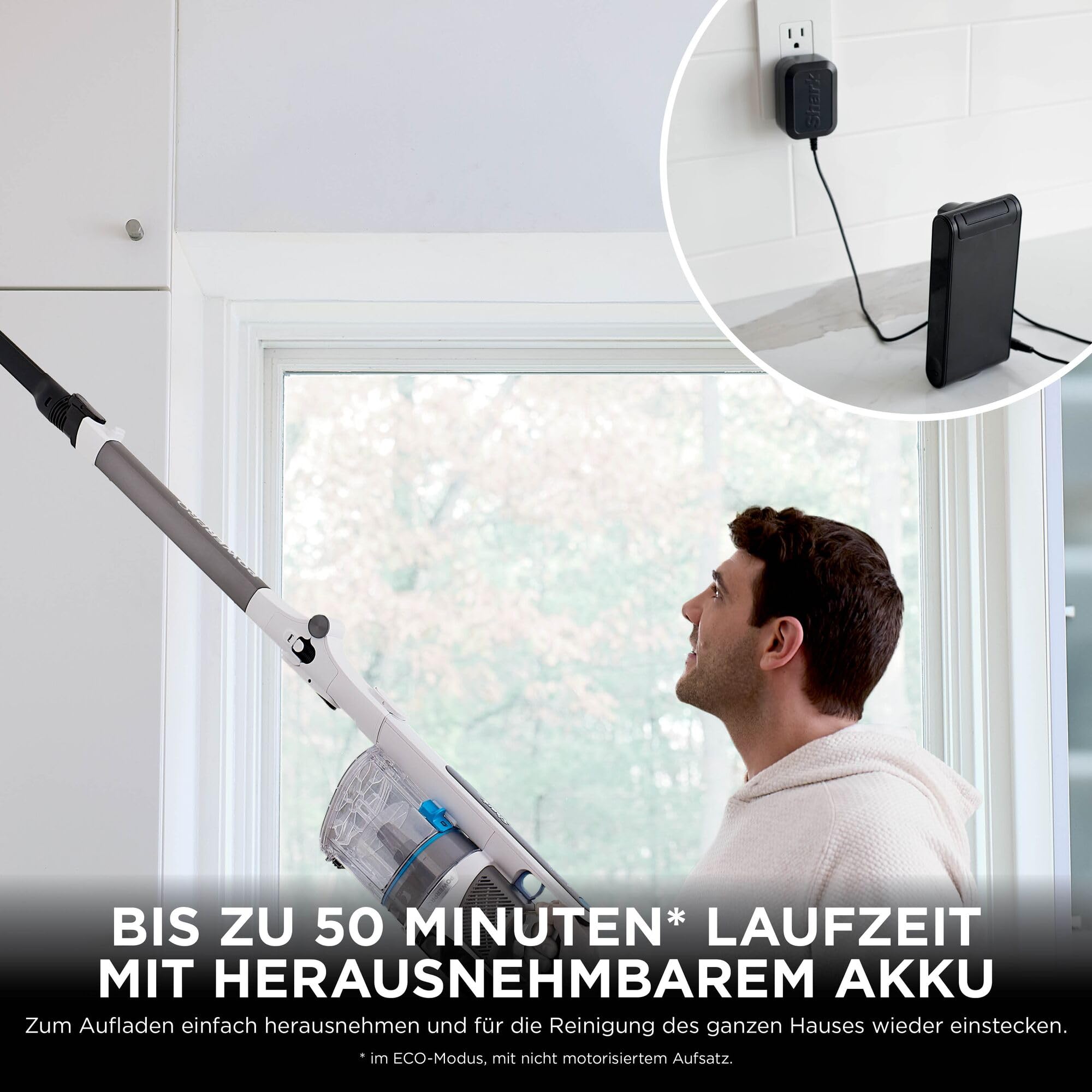 Shark PowerPro Akku-Staubsauger freistehend, bis 50 Min. Laufzeit, kabellos, beutellos, für Tierhaare, Allergiker, Teppich und Hartböden, mit LED-Licht und Knickgelenk-Rohr, grau metallic, IZ380EUT 8