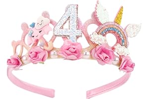 SuPoo 4th Birthday Headband Flower Crown for Girls Princess Tiara 4th Birthday Decorations for Girl Hair Band Cute 4 Year Old Party Decorations Accessory