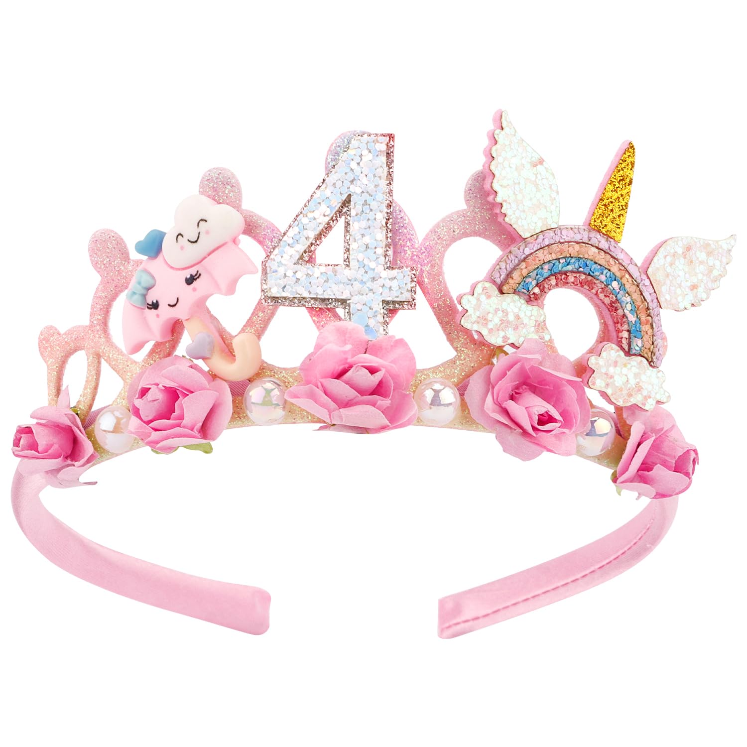 SuPoo 4th Birthday Headband Flower Crown for Girls Princess Tiara 4th Birthday Decorations for Girl Hair Band Cute 4 Year Old Party Decorations Accessory