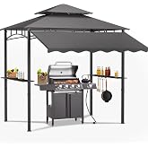 Dephet 8'X8' Grill Gazebo Canopy w/Heavy Duty Steel Frame for Outdoor Grill | Double Tiered Grill Canopy with Shelves, Ceiling Hooks, Ground Stakes, Patio Canopys Tent BBQ Gazebo for Backyard, Grey