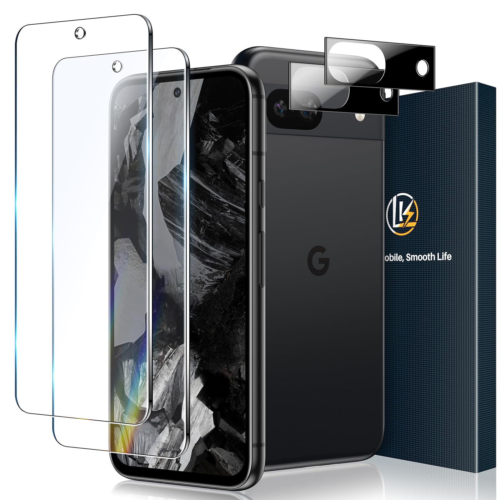 LK 2+2 Pack for Google Pixel 8a Screen Protector with 2 Pack Camera Lens Protector Fingerprint Unlock Compatible 9H Tempered