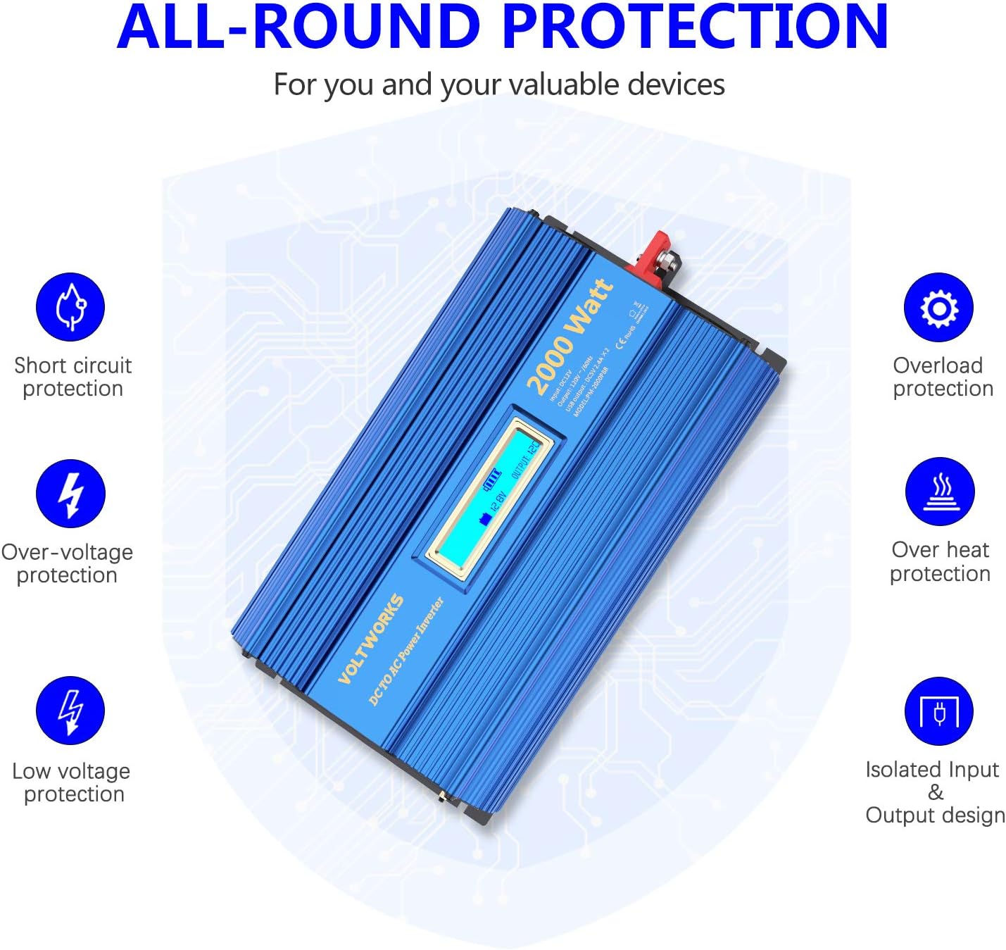 Power Inverter 2000w DC 12V to AC 120V Modified Sine Wave Inverter with 3AC Outlets Dual 2.4A USB Ports Remote Control LCD Display for Car RV Truck Boat: Electronics