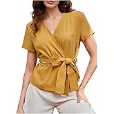 SHENHE Women's Summer Short Sleeve Wrap Blouse V Neck Belted Dressy Casual Work Top Shirt