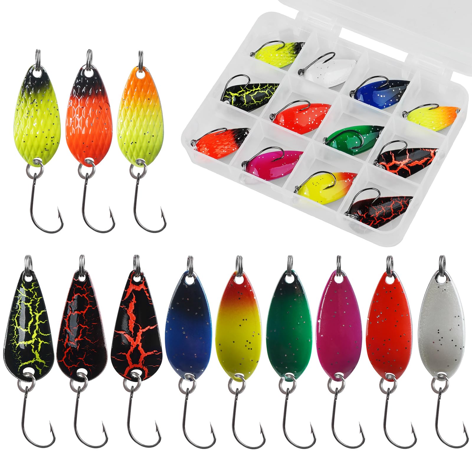 Fishing Spoon Lures Kit, 12pcs Hard Baits Metal Trout Spoon Lures Fishing Jigs Spinner Lures Single Hook Trolling Spoon for Trout Pike Bass Crappie(12pcs Kit-3.5g/each)