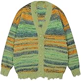 Yimoon Womens Cardigan Sweaters Oversized Striped Fuzzy Cardigans V-Neck Button Down Y2K Unisex Sweater Top