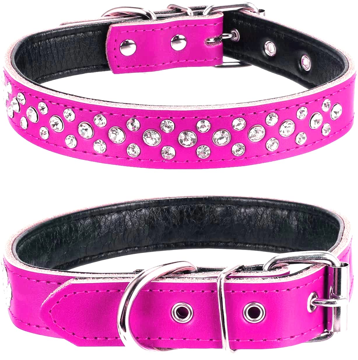 Haoyueer Rhinestones Dog Collar, Adjustable Sparkly Crystal Studded Genuine Leather Pet Dog Collar for Small and Medium Dogs (M, Hot Pink)