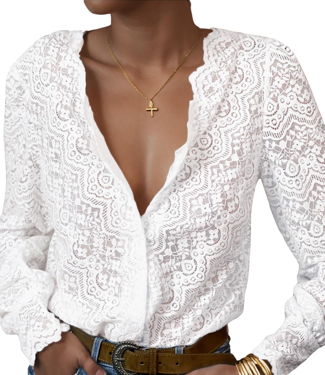 Photo 1 of (USED/FAIR) (MEDIUM) (BAGGED) LUXVEER Lace Tops for Women Dressy Casual Blouses Puff Long Sleeve V Neck Button Down Business Work Shirts White M