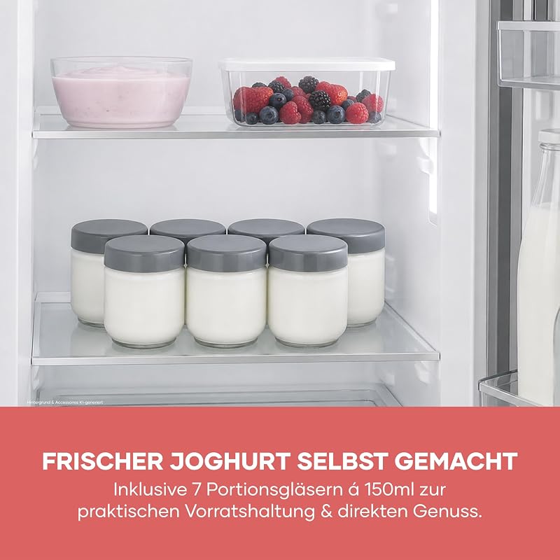 Joghurtbereiter, griechischer Art, inkl. 7 Joghurtgläser á 150ml für 1L selbstgemachten Joghurt, transparenter Deckel, Joghurt-Maschine für zuhause, Kippschalter, 18W, dark inox, JG 3510