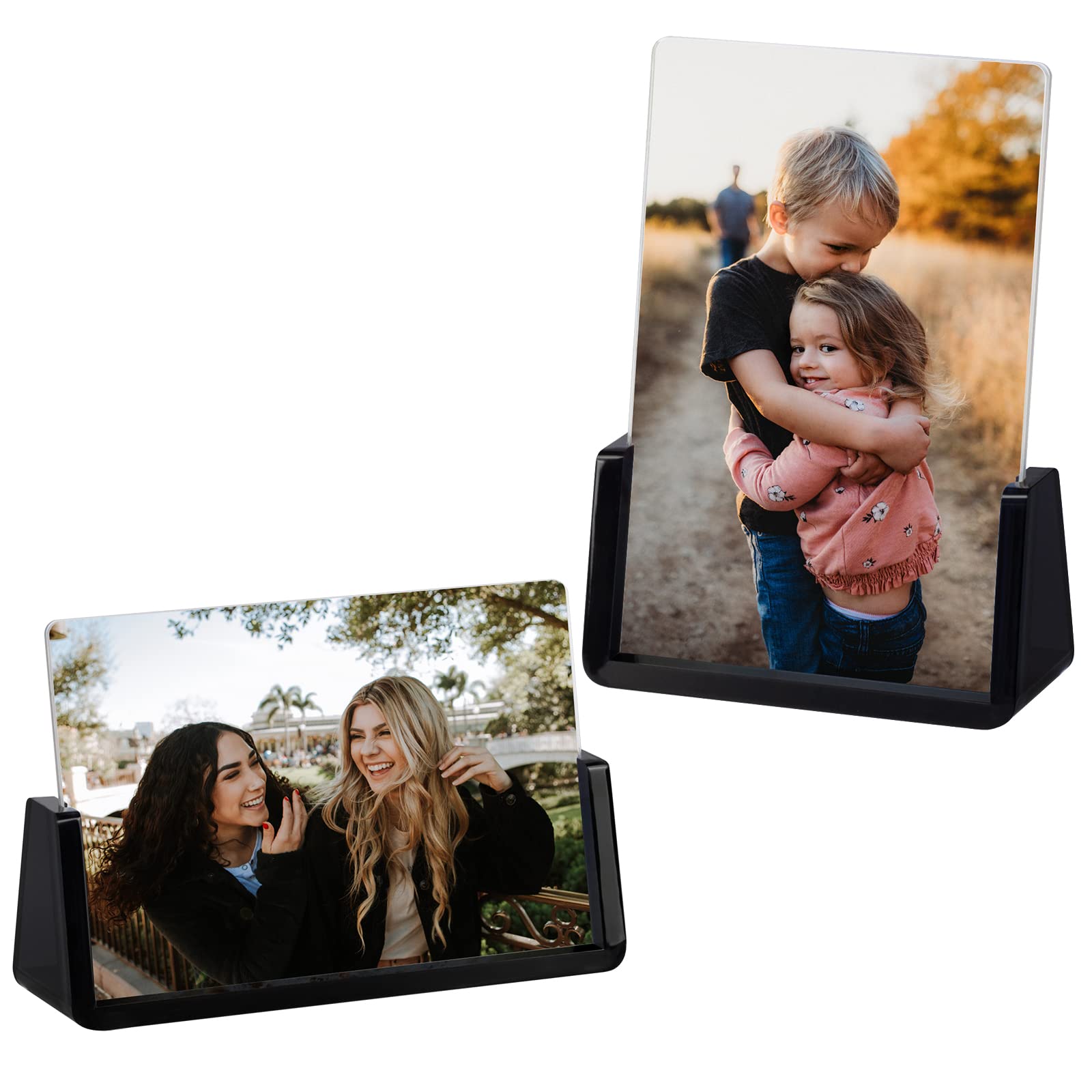 Photo 1 of Boxalls 2 Pack Acrylic Picture Frames 4x6 with Translucent Black Base Stand, Frameless Photo Frame for Tabletop or Desktop Display (Horizontal + Vertical)