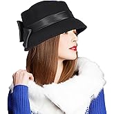 Women’s Vintage Wool Cloche Church Hat with Satin Bow Elegant Bowler Bucket Hat for Tea Party Wedding Garden Formal Events