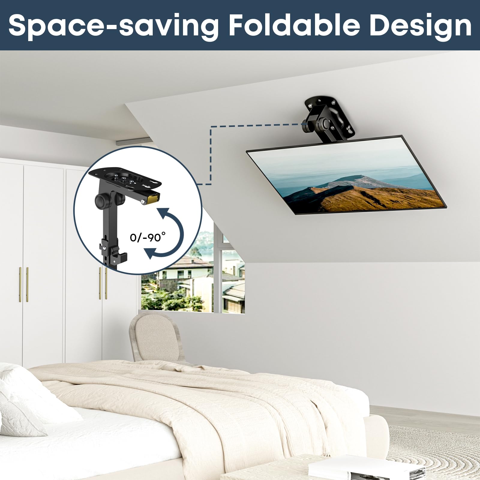 13 to 27 inch Folding TV Ceiling Mount,Manual Flip Down TV Bracket up to 44lbs, Folding Tilt Pitched Roof and Under Cabinet Mounting,Height Adjustable,Max VESA 100x100mm, Black