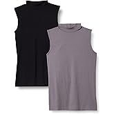 Amazon Essentials Women's Cotton Modal Mock-Neck Slim-Fit Rib-Knit Sleeveless Top, Pack of 2