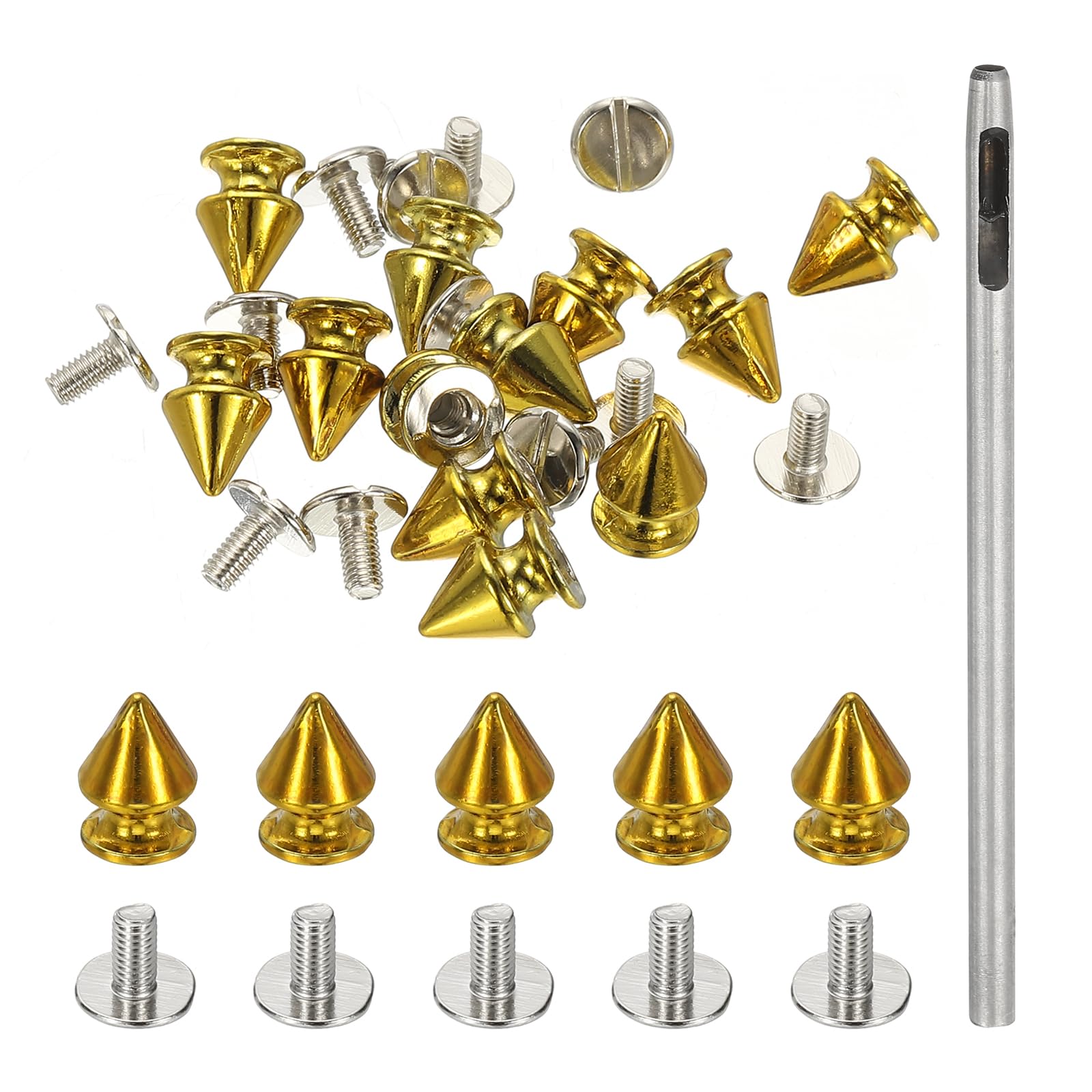 PATIKIL 12mm Studs for Clothing, 24 Sets Spikes for Clothes Studs and Spikes Leather Rivets Metal Cone Punk Spikes Screw Posts with Hole Puncher for Leather Jacket Fabric, Dark Gold