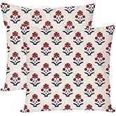 PANDICORN Block Print Throw Pillow Covers 20x20 Inch Set of 2 Red and Blue Vintage Boho Floral Outdoor Decorations Decorative Throw Pillows Cases Cushion Covers for Home Living Room Couch Decor