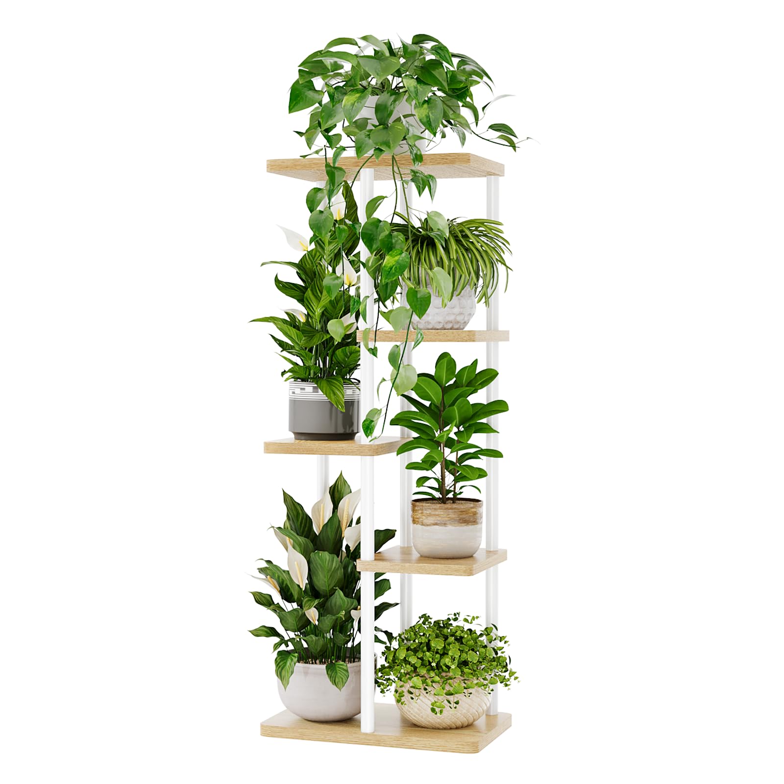 Bamworld 5 Tier Plant Stands Indoor, Corner Shelf Tall Plant Stand for Multiple Indoor Plants, Metal Tiered Display Stand for Living Room Balcony Garden Patio, White
